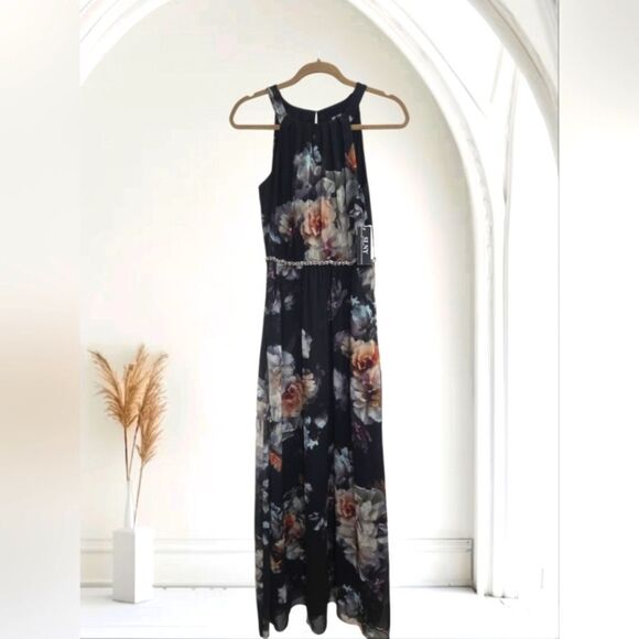 SLNY Floral Maxi Shoulderless Rhinestone Dress NWT Size 6 - Picture 3 of 12